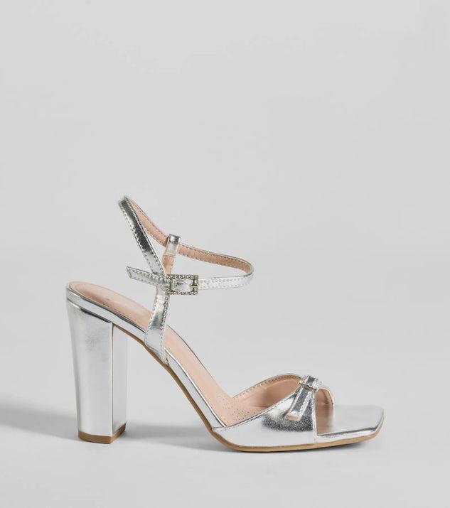 Party Moves Rhinestone Buckle Metallic Block Heels Product Image