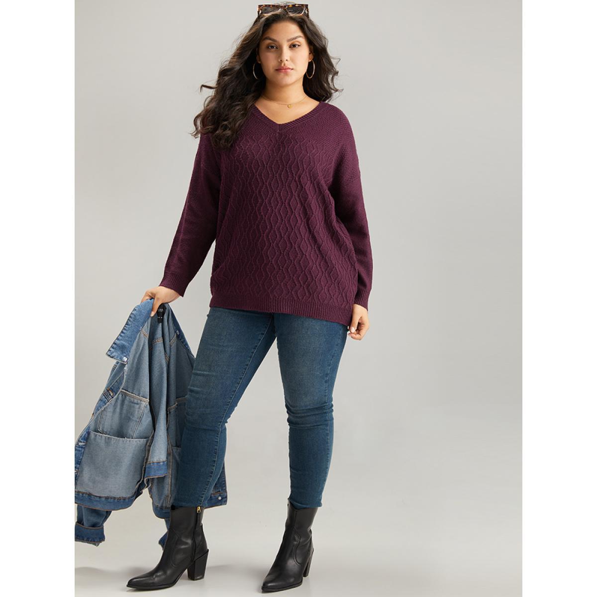 Plus Size Plisse Solid Drop Shoulder Pullover RedViolet Women Casual Loose Long Sleeve V-neck Dailywear Pullovers BloomChic 26/4X Product Image