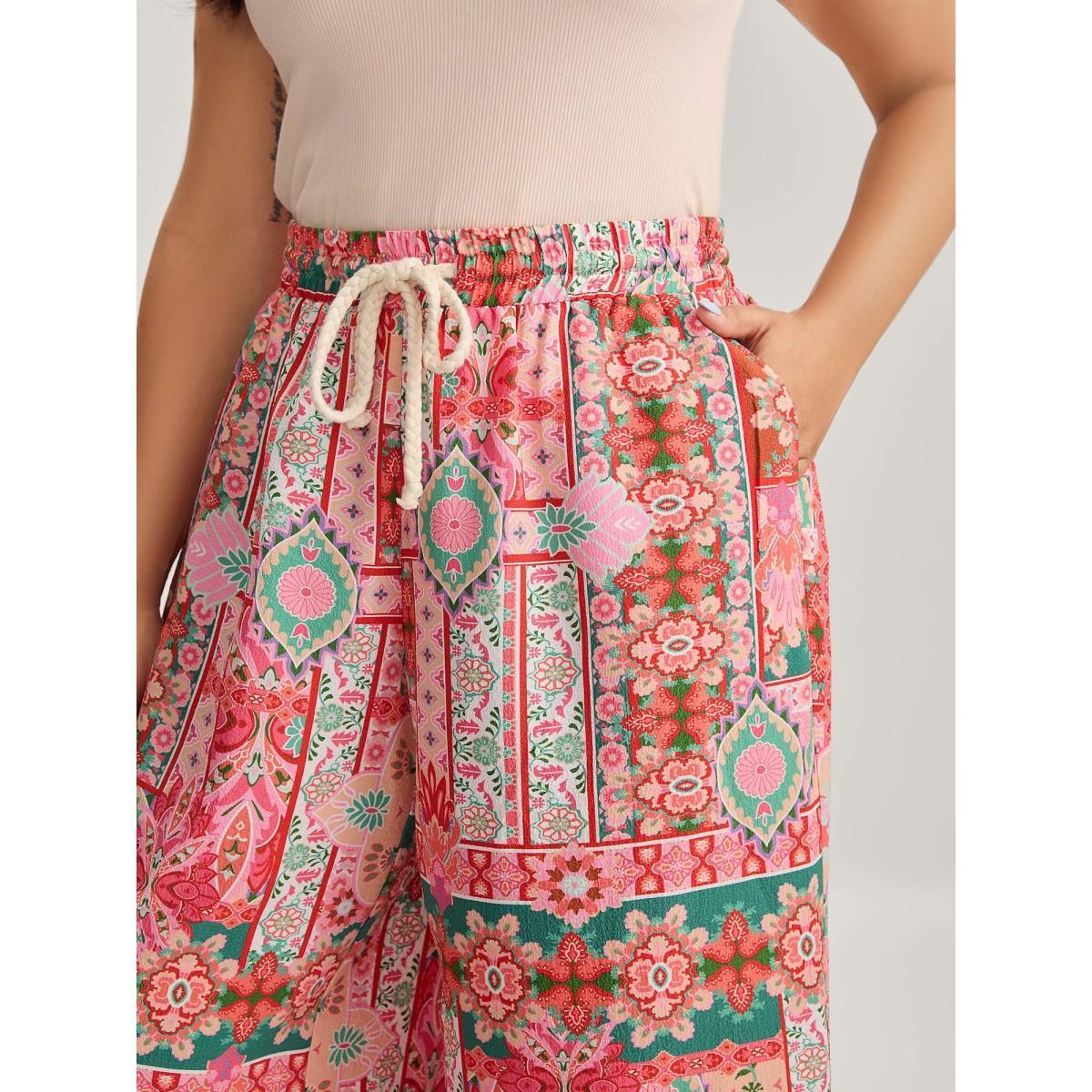 Plus Size Floral Collage Stretchy Waist Wide-Leg Pants Women Multicolor Casual Wide Leg Mid Rise Everyday-Casual Pants BloomChic 22-24/3X Product Image