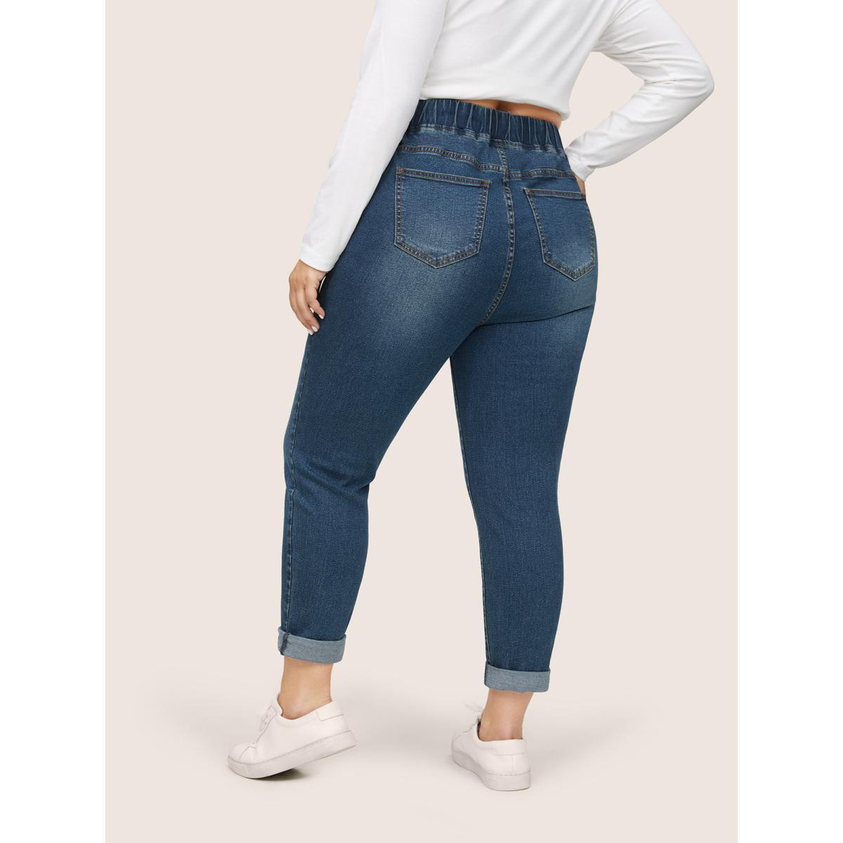 Plus Size Drawstring Elastic Waist Roll Hem Jeans Women DarkBlue Casual Plain Drawstring High stretch Slanted pocket Jeans BloomChic 12/L Product Image