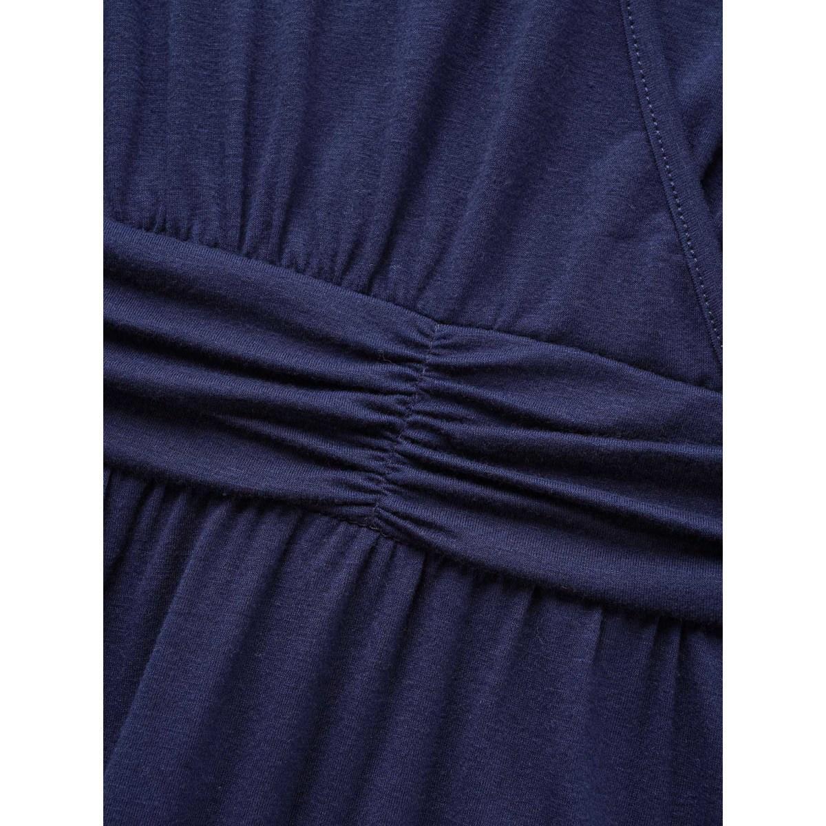 Plus Size Supersoft Essentials Solid Surplice Neck Ruched Front Dress Navy Women Casual Wrap V-neck Short sleeve Curvy Midi Dress BloomChic 18-20/2X Product Image