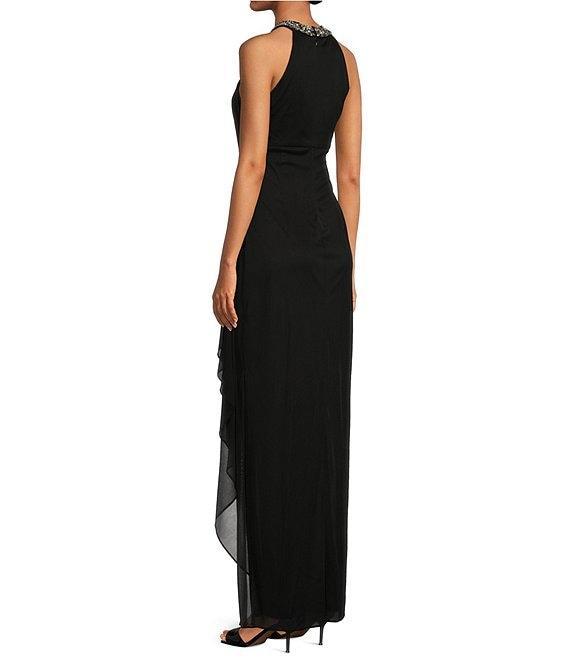 Alex Evenings Petite Size Sleeveless Beaded Halter Neck Cascade Ruffle Gown Product Image