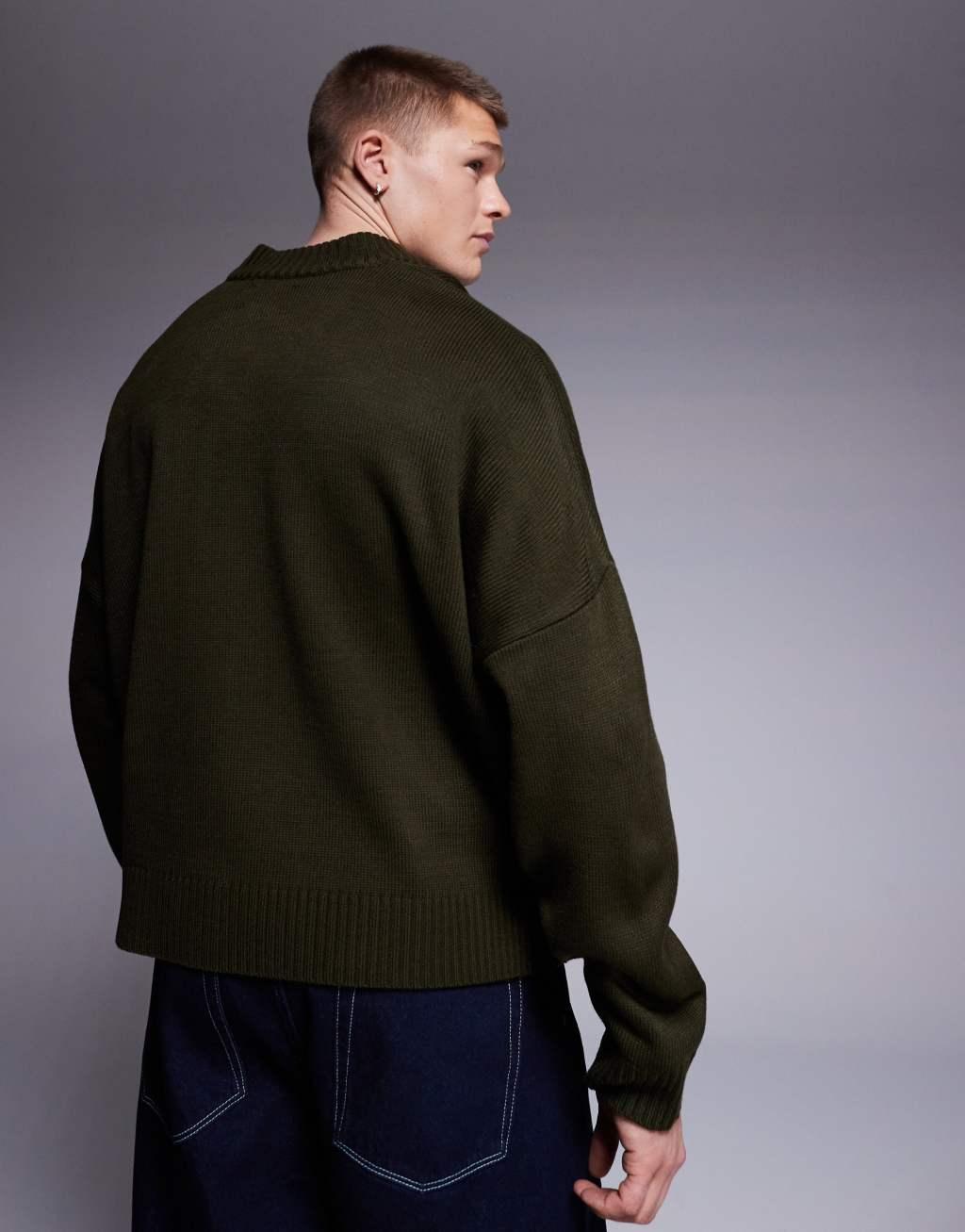ASOS DESIGN super oversized boxy fit knitted v neck sweater in khaki Product Image