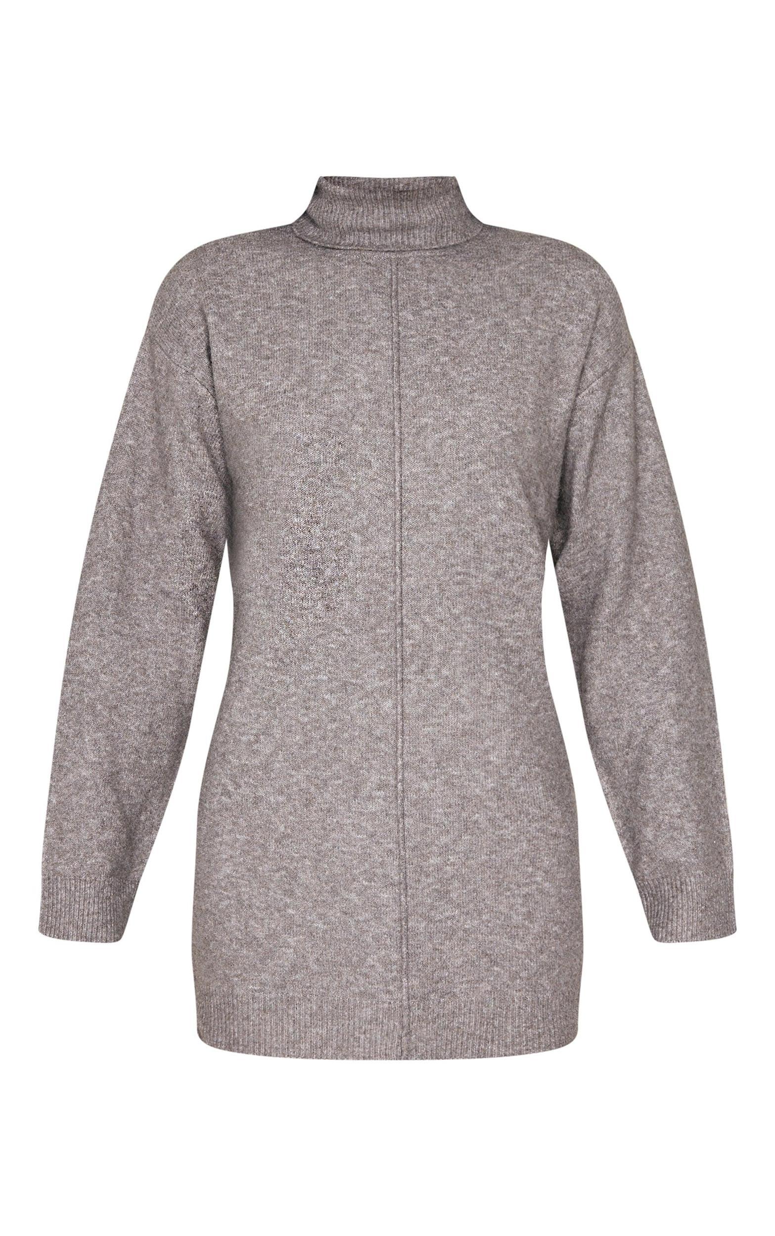 Charcoal Soft Knit Roll Neck Oversized Seam Detail Sweater Dress Product Image
