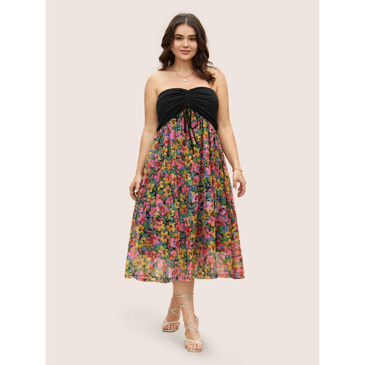 Plus Size Everywhere Dress - Floral Patchwork Drawstring Dress Black Women Elegant One-shoulder neck Sleeveless Curvy BloomChic 26/4X Product Image