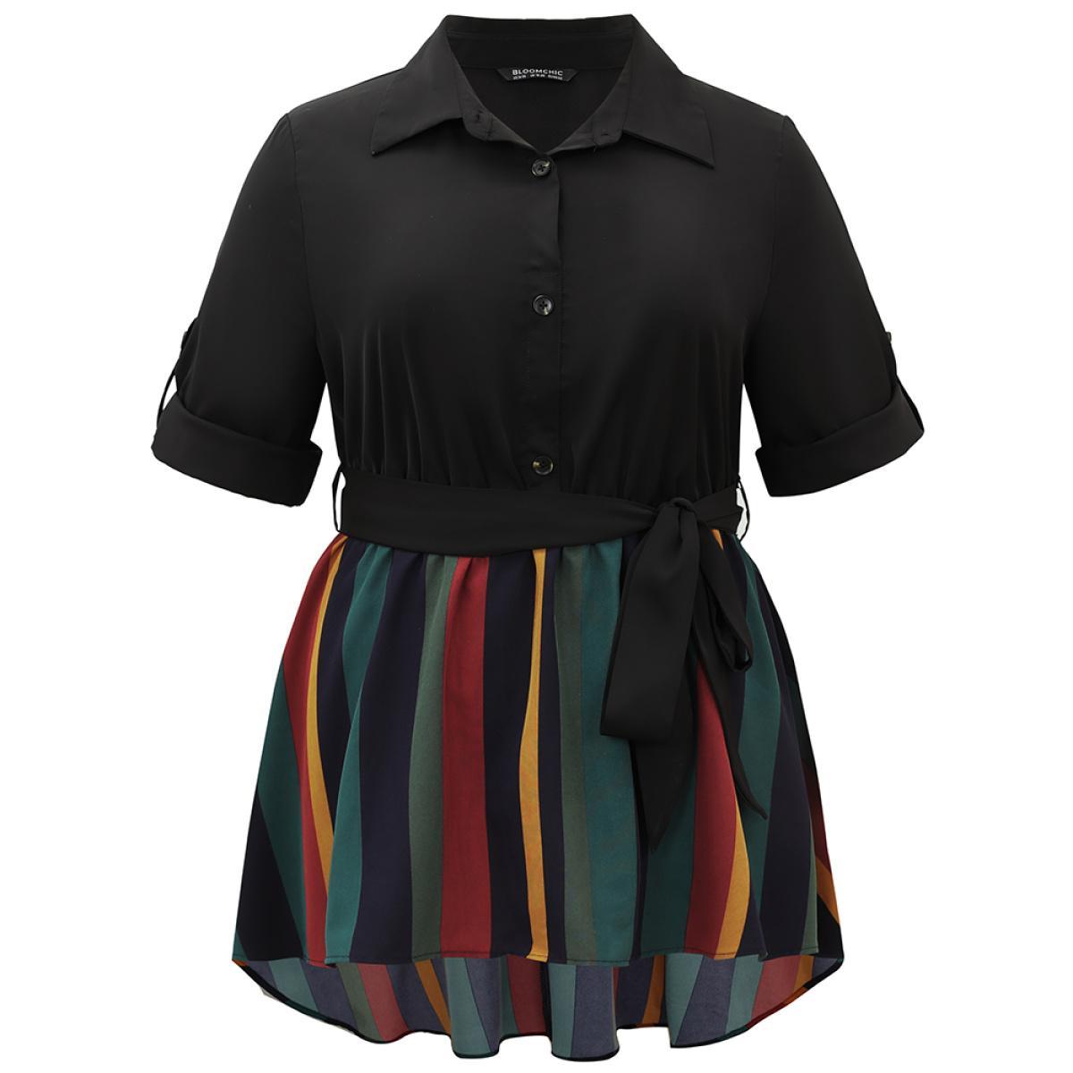 Plus Size Black Colour Striped Patchwork Belted Tab Sleeve Blouse Women Office Elbow-length sleeve Shirt collar Work Blouses BloomChic 18-20/2X Product Image