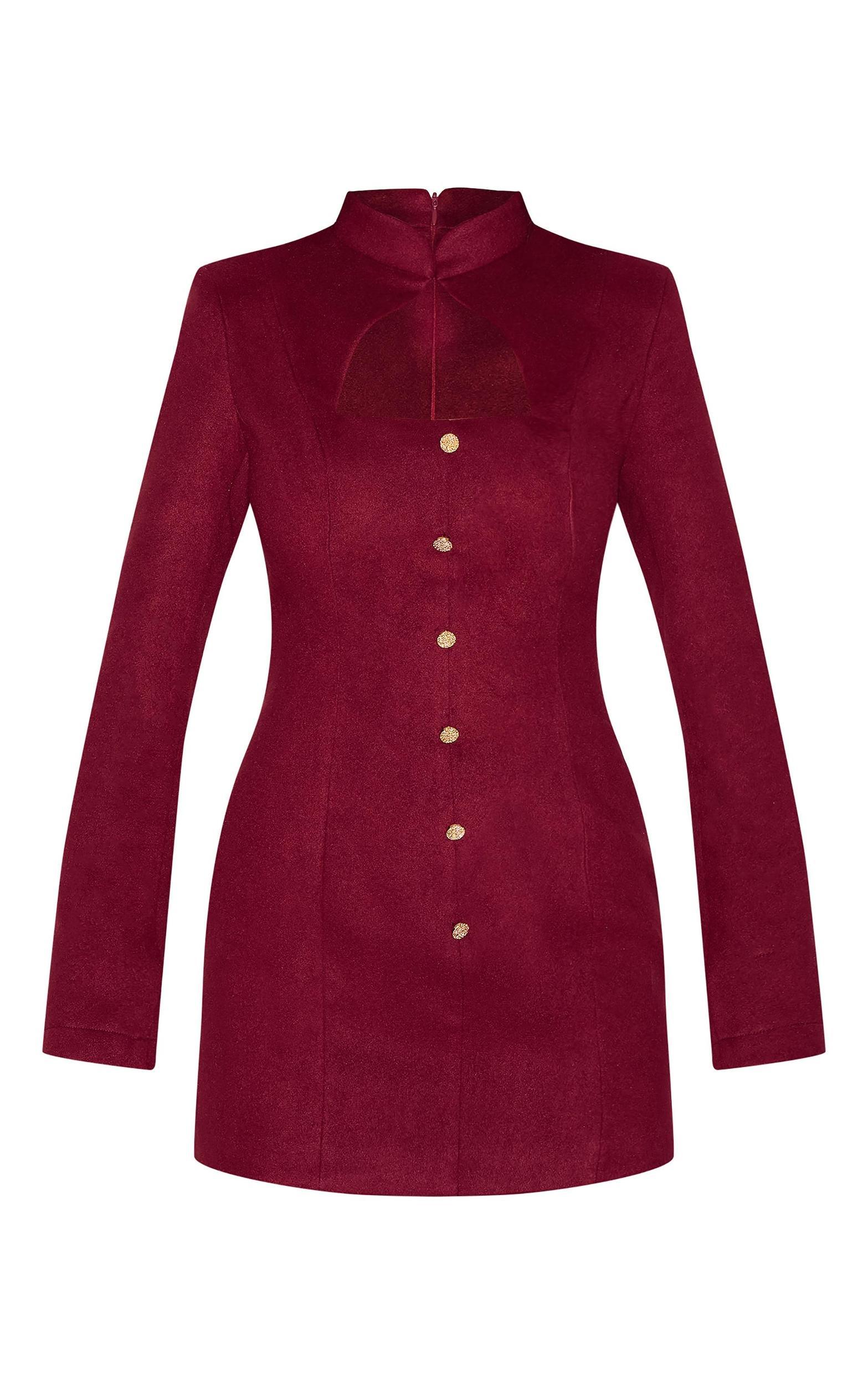 Burgundy Brushed Woven Long Sleeve Button Detail Mini Dress Product Image