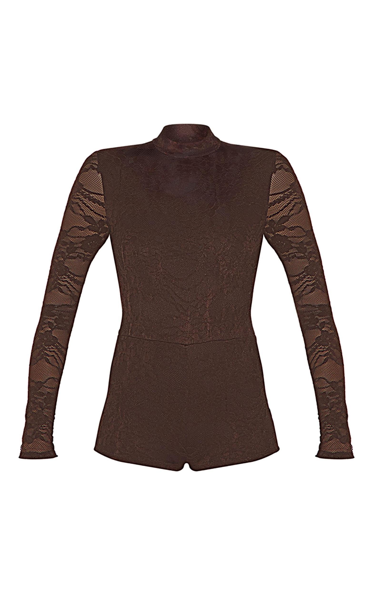 Chocolate Lace Lined Long Sleeve Boat Neck Romper Product Image