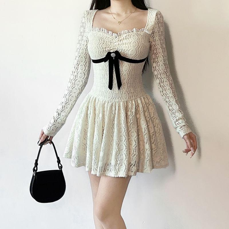 Long Sleeve Square-Neck Ruffled-Trim Plain Bow Accent Slim-Fit Mini A-Line Dress Product Image