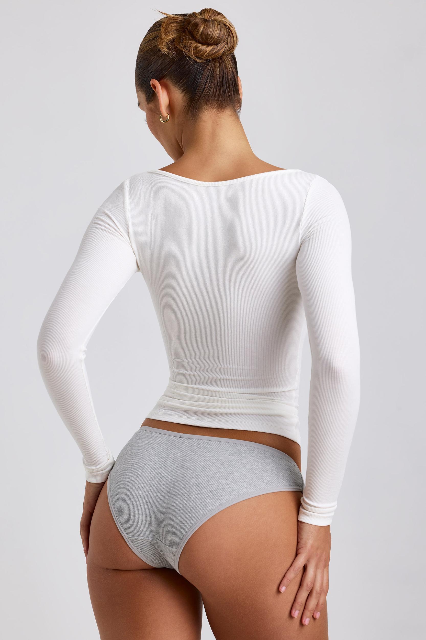 Ribbed Modal Square Neck Long Sleeve Top in White Product Image
