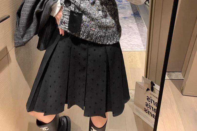 High Waist Dotted Midi Pleated A-Line Skirt Product Image
