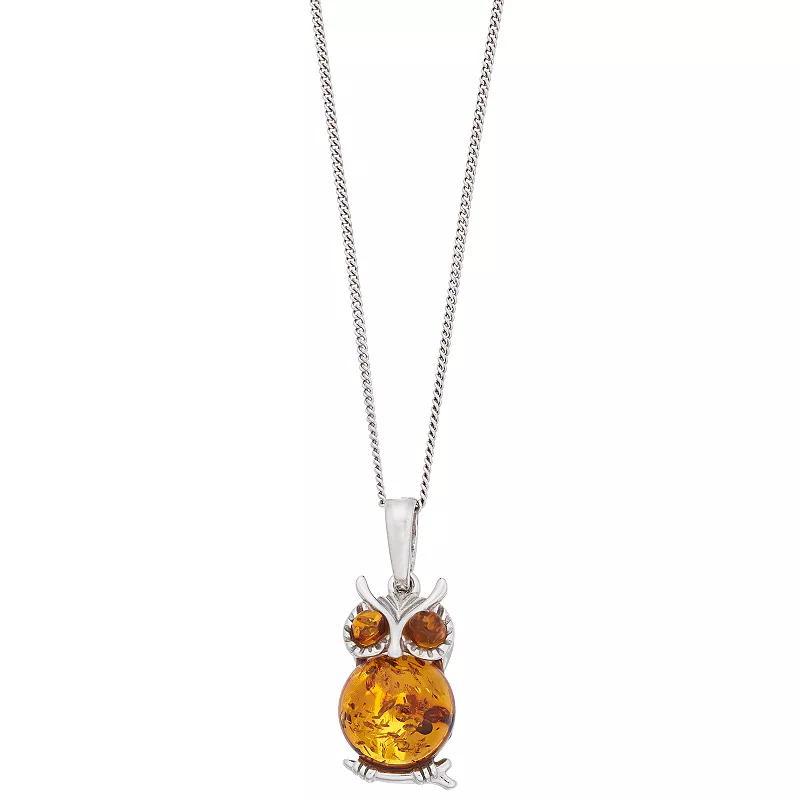 Sterling Silver Baltic Amber Owl Pendant Necklace, Womens Product Image