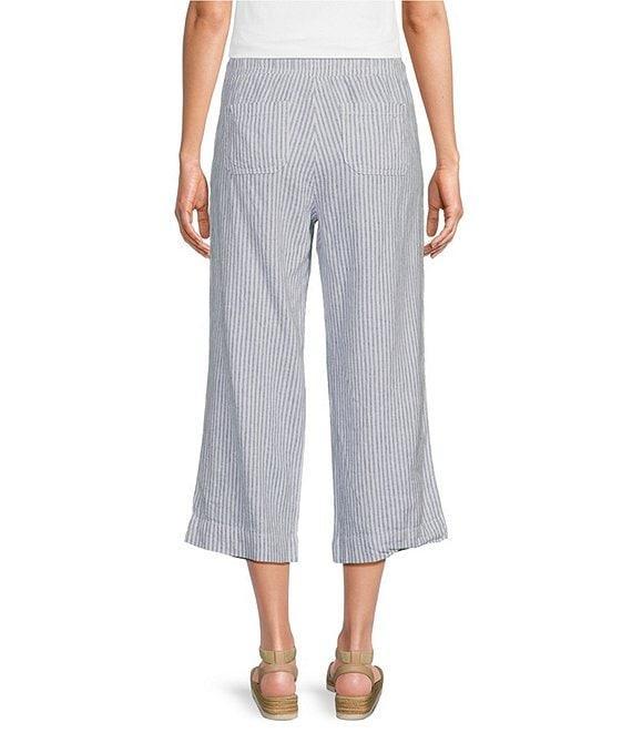 Westbound Petite Size Blue White Stripe Crop Linen Blend Pants Product Image
