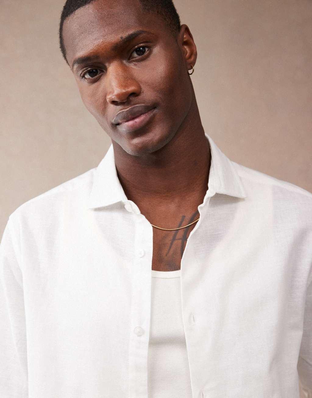 ASOS DESIGN dressy linen look regular shirt with cutaway collar in white Product Image