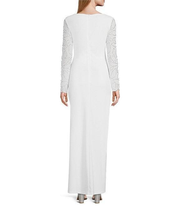 Marina Stretch Crepe Long Beaded Sleeve Round Neck Walk Thru Jumpsuit Product Image