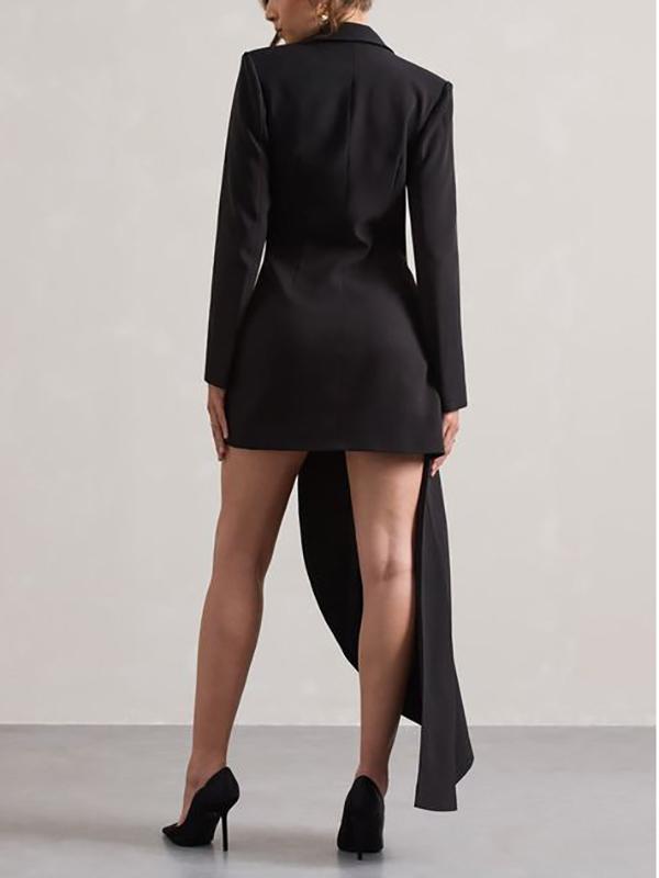 Long Sleeves Asymmetric Buttoned Pockets Solid Color Notched Collar Blazer Maxi Dress Product Image