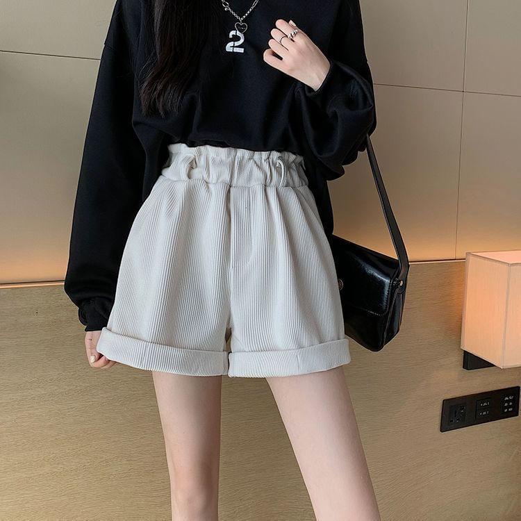 High Waist Plain Roll Up Hem Corduroy Wide Leg Shorts / Belt / Set Product Image