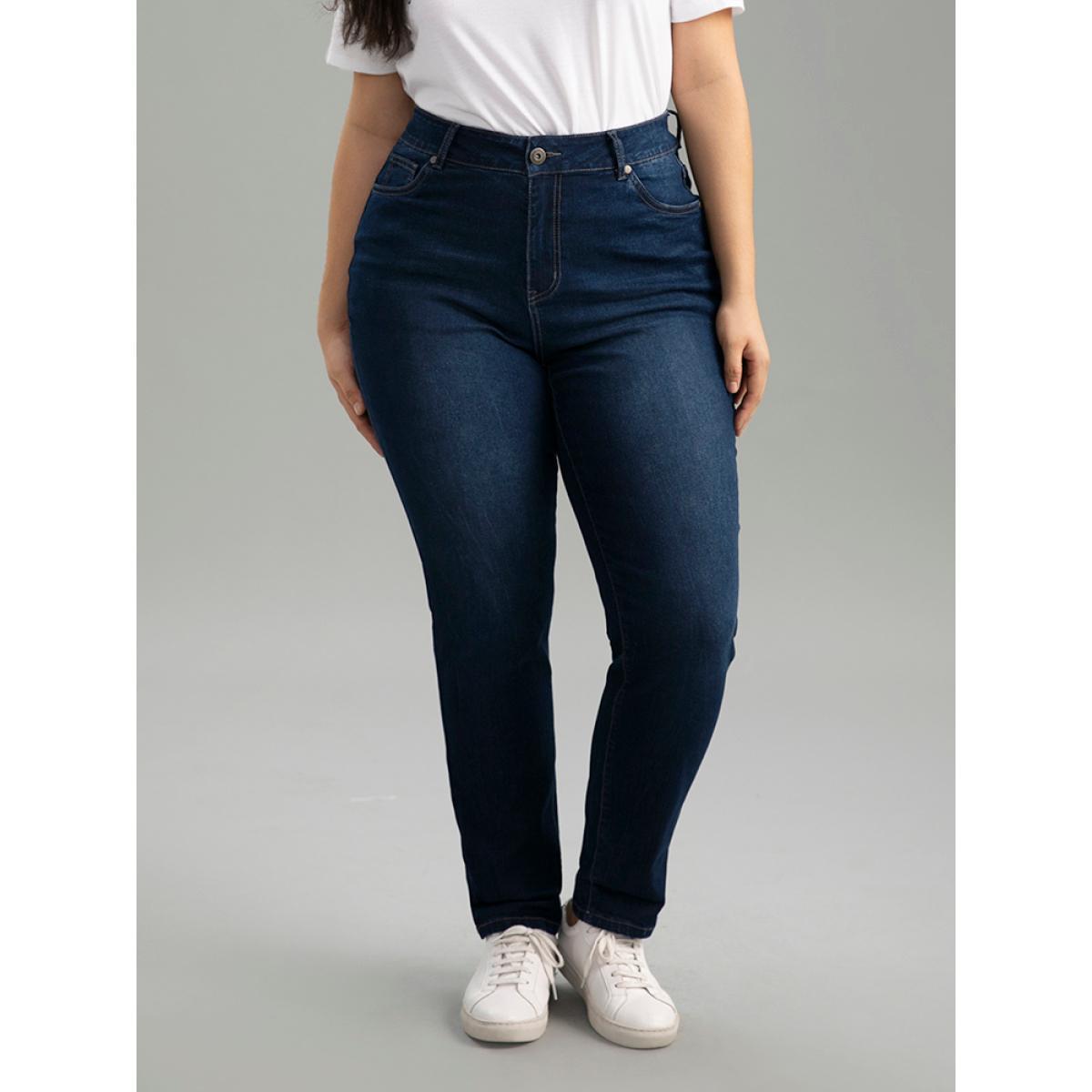 Plus Size Cutoff Roll Hem Full Length Jeans Women DarkBlue Casual Plain Plain High stretch Pocket Jeans BloomChic 16/1X Product Image