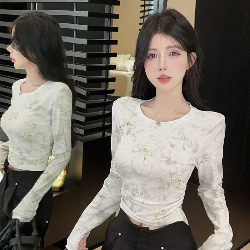 Long Sleeve Crew Neck Faux Pearl Bowknot T-Shirt Product Image