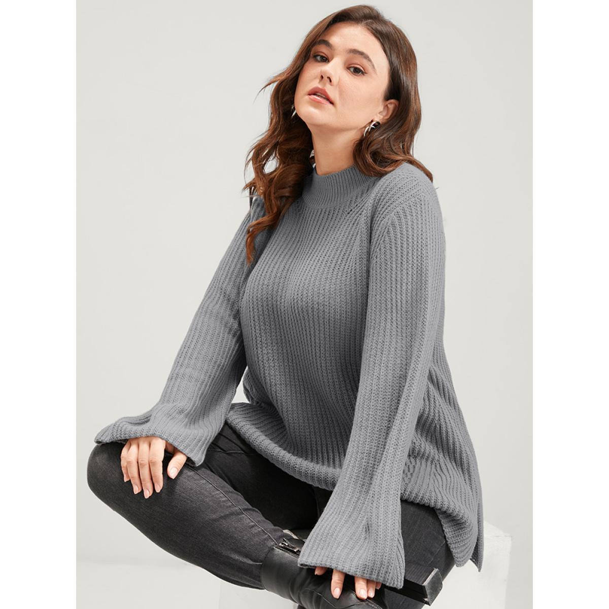 Plus Size Solid Pointelle Knit Mock Neck Bell Sleeve Split Knit Top Gray Women Casual Loose Long Sleeve Mock Neck Dailywear Pullovers BloomChic 12/L Product Image