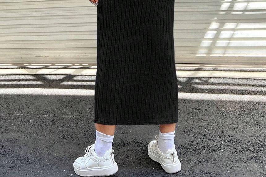 Plus Size Long-Sleeve V-Neck Plain Button Midi Sheath Knit Dress Product Image
