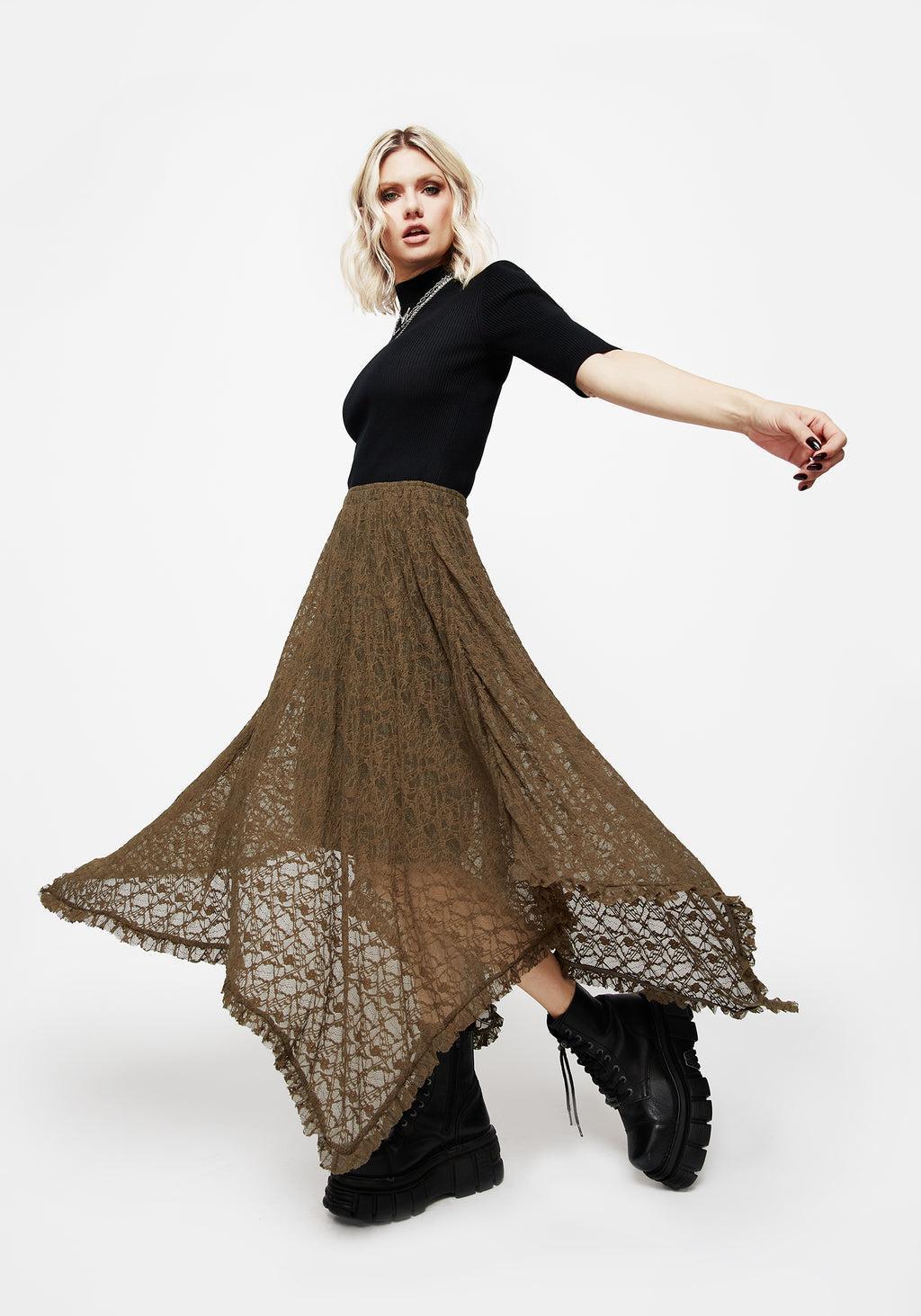 Myrtle Floral Lace Handkerchief Hem Midi Skirt Product Image