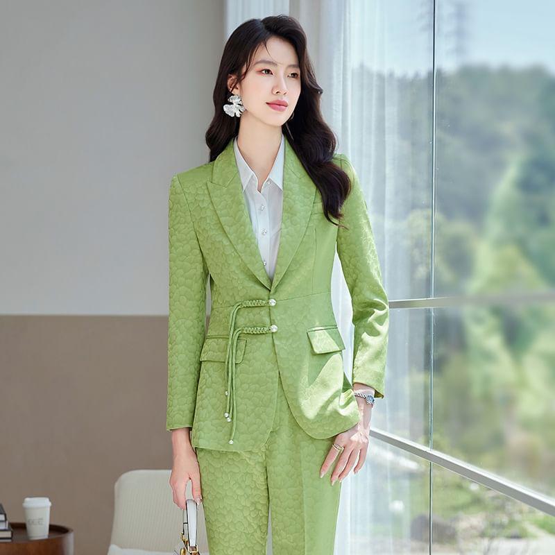 Set: Peak Lapel Patterned Frog Buttoned Blazer + Mid Rise Flared Slacks Product Image