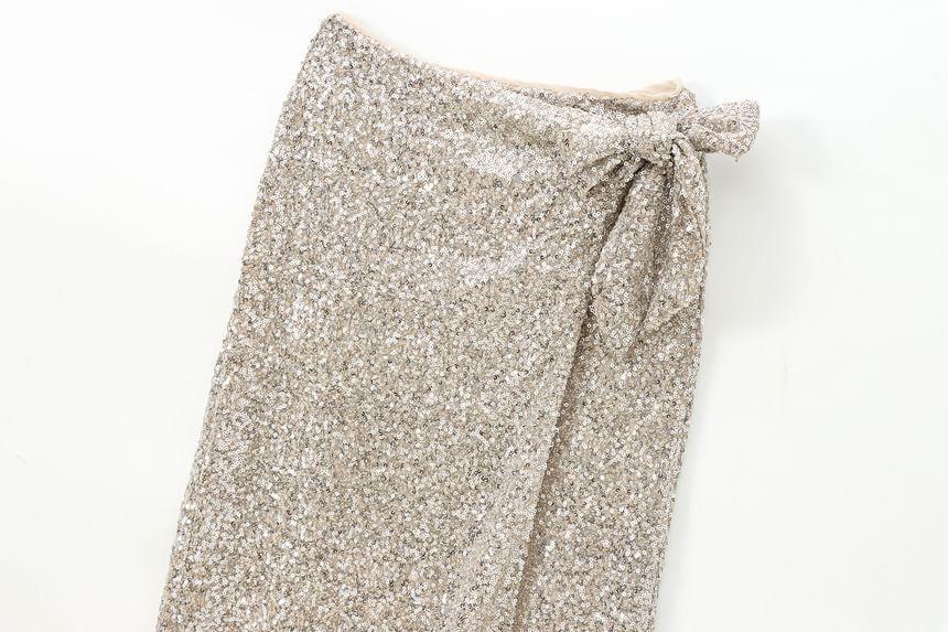 High Rise Plain Sequin Midi Straight Wrap Skirt Product Image
