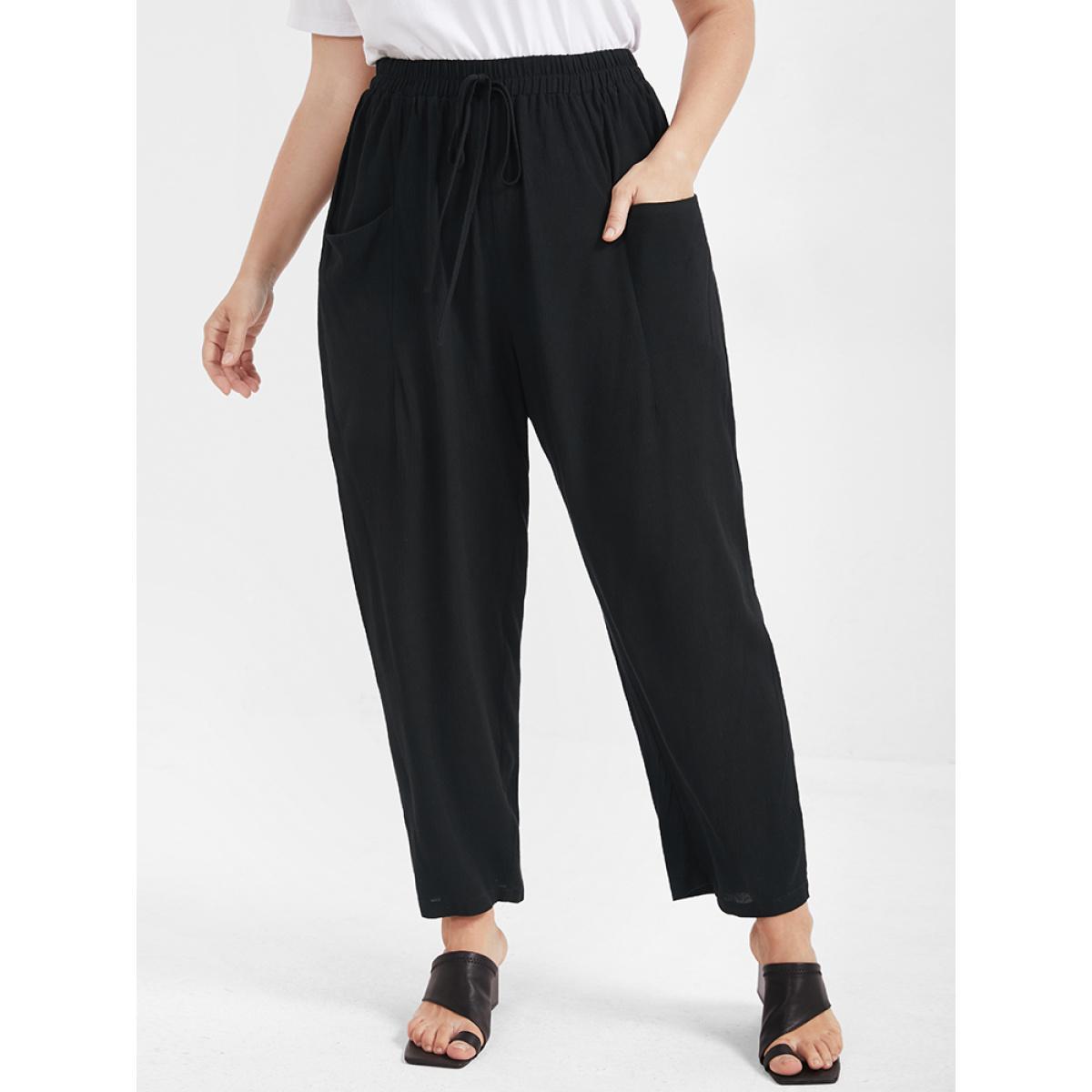 Plus Size Solid Ties Elastic Waist Pocket Pants Women Black Casual Harem High Rise Dailywear Pants BloomChic 10/M Product Image