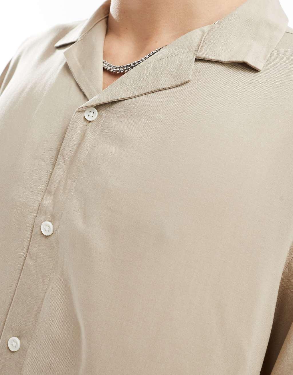 ASOS DESIGN relaxed fit viscose shirt with revere collar in stone Product Image