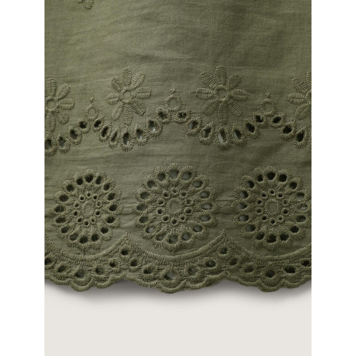Plus Size Cotton Eyelet Embroidered Flowy Tank Top Women ArmyGreen Woven ribbon&lace trim Notched collar Vacation Tank Tops Camis BloomChic 30/6X Product Image