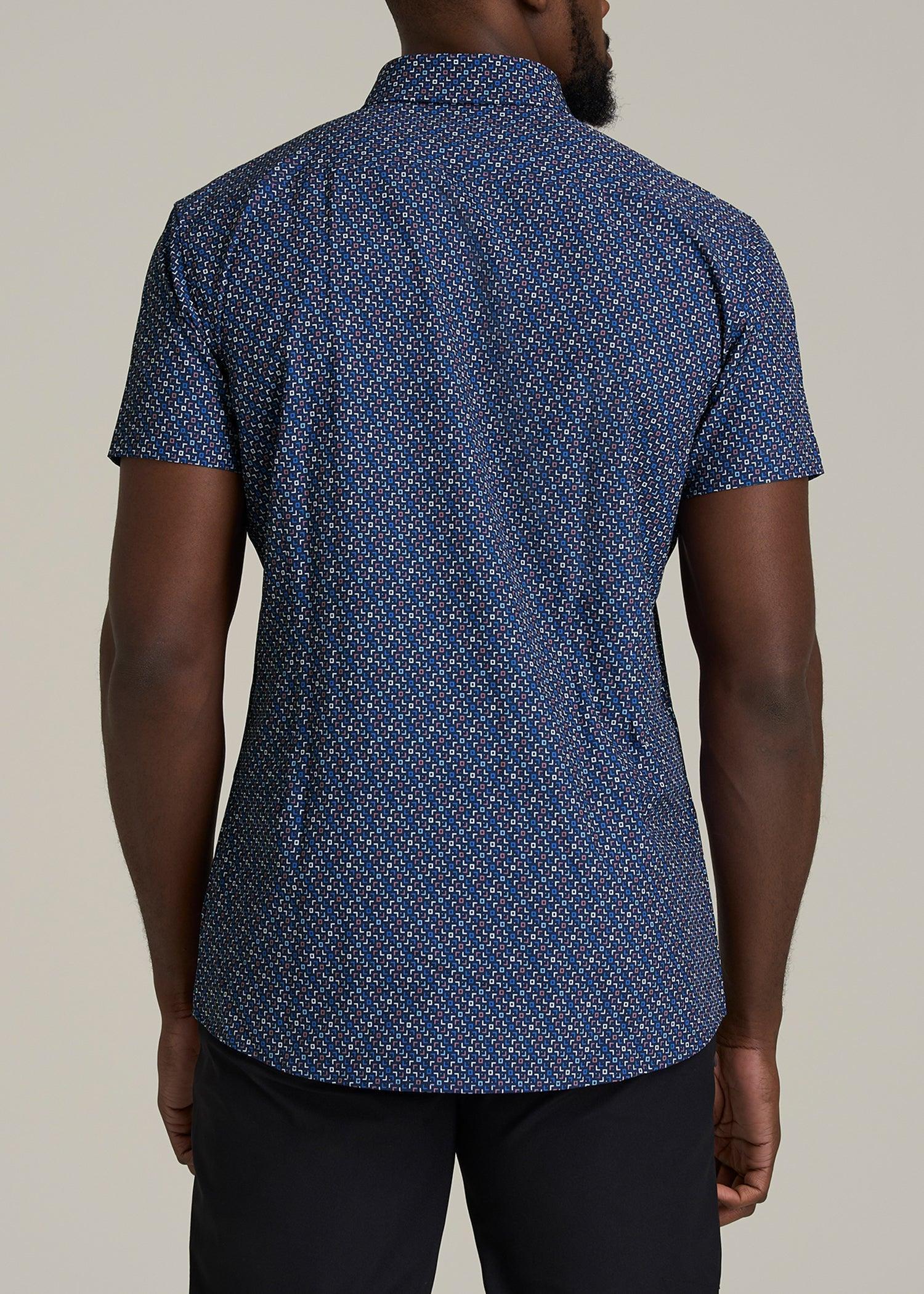 Short Sleeve Traveler Stretch Button Shirt for Tall Men in Blue Fleck Product Image