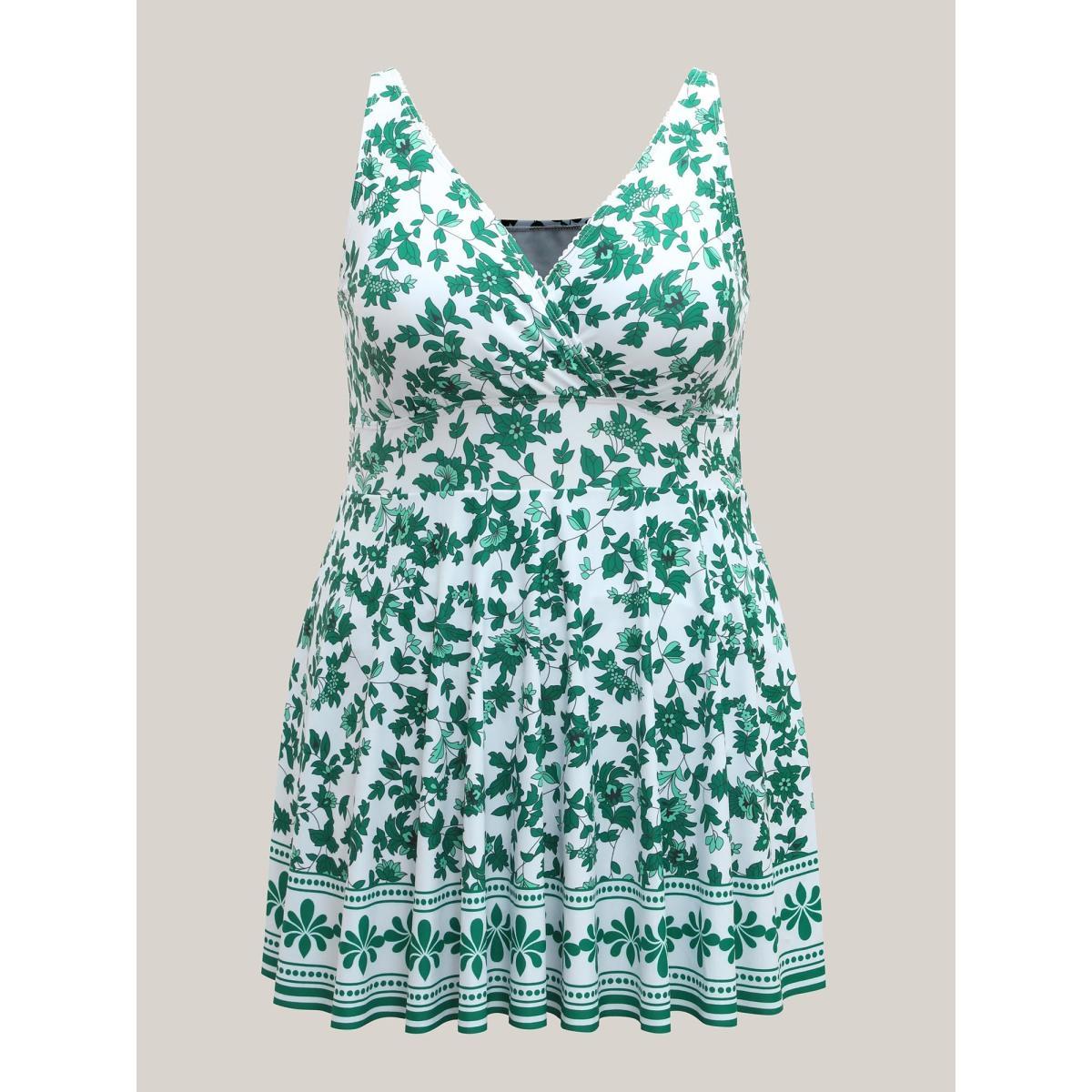 Plus Size Anti-Float Tie Floral Swim Dress Women's Swimwear DarkGreen Beach Bodycon Overlap Collar High stretch Curve Swim Dresses BloomChic 30/6X Product Image