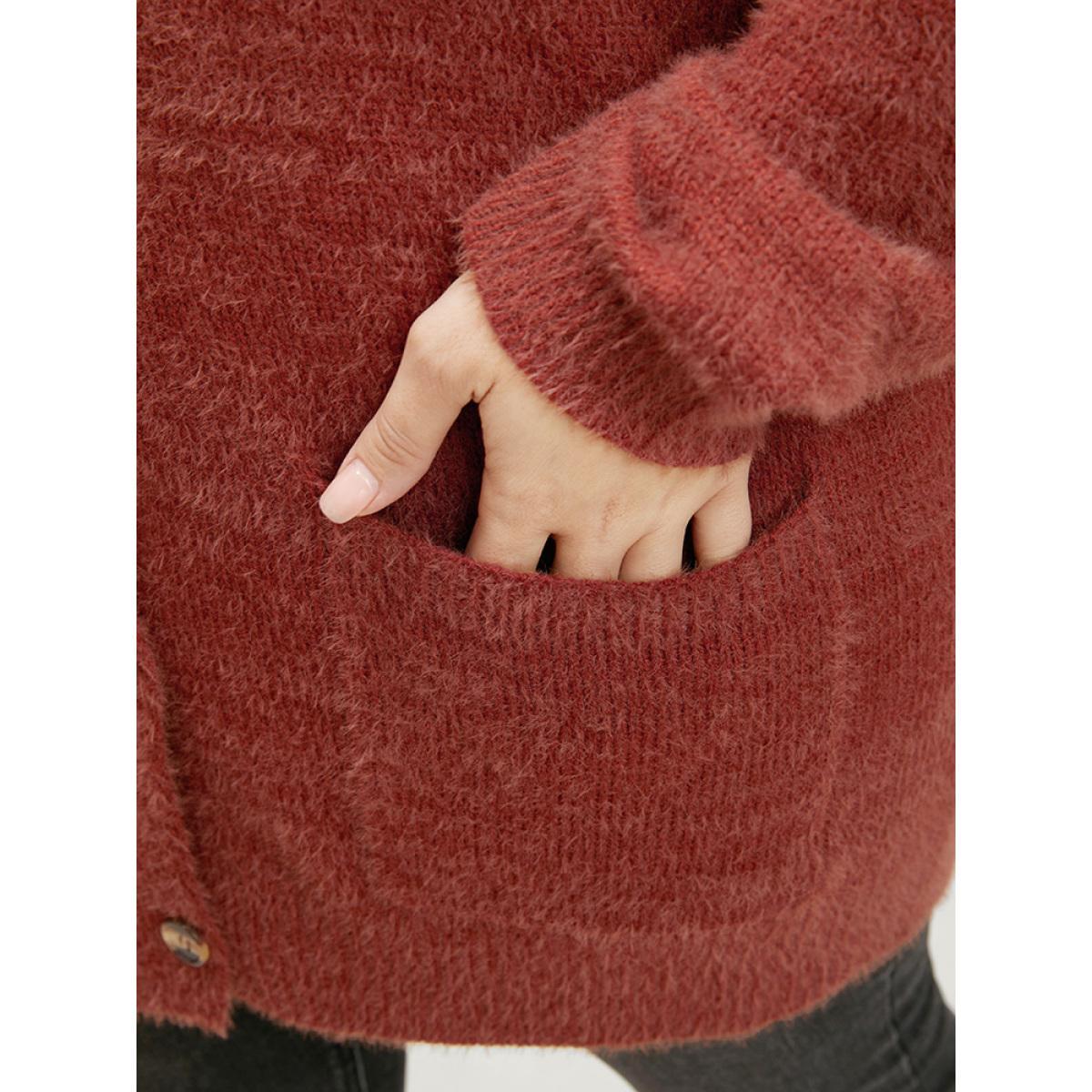 Plus Size Solid Pointelle Knit Pocket Button Front Heather Cardigan Maroon Women Casual Loose Long Sleeve Dailywear Cardigans BloomChic 28/5X Product Image