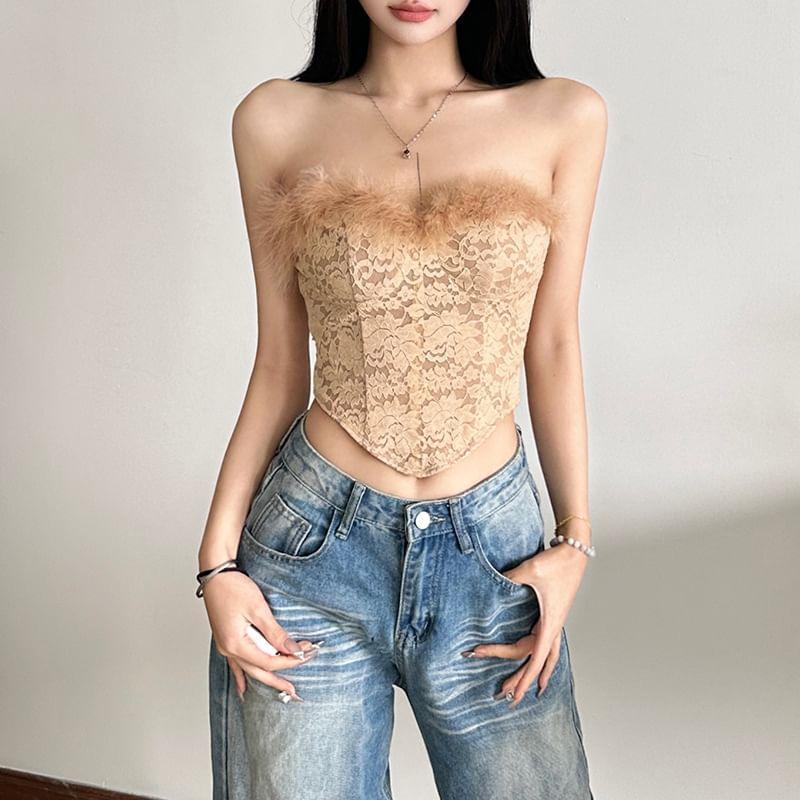 Fluffy Trim Lace Tube Top Product Image