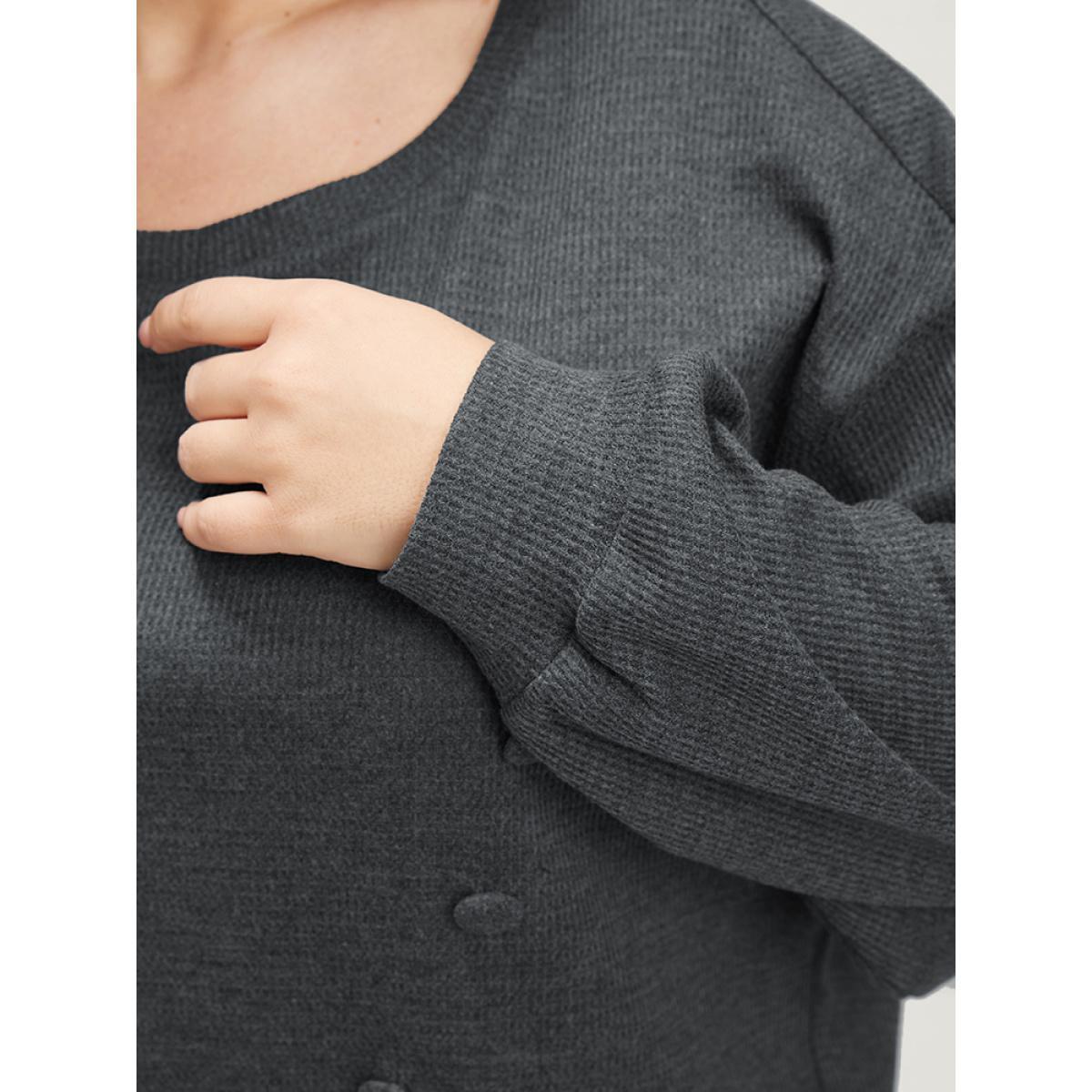 Plus Size Solid Button Detail Round Neck Waffle Knit Sweatshirt Women DimGray Elegant Button Round Neck Dailywear Sweatshirts BloomChic 12/L Product Image