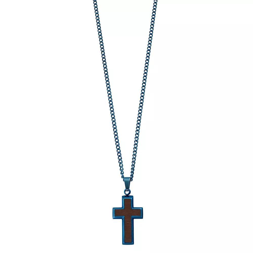 Kristen Kesho Stainless Steel Gold Plated with Wood Inlay Cross Pendant Necklace, Men's, Size: 24", Blue Product Image