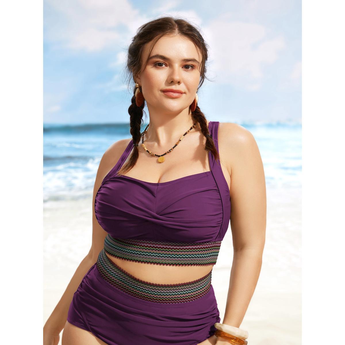 Plus Size Twist Front Patchwork Woven Ribbon Swim Top Women's Swimwear Eggplant Beach Woven ribbon&lace trim High stretch Skinny Heart neckline Curve Swim Tops BloomChic 26/4X Product Image