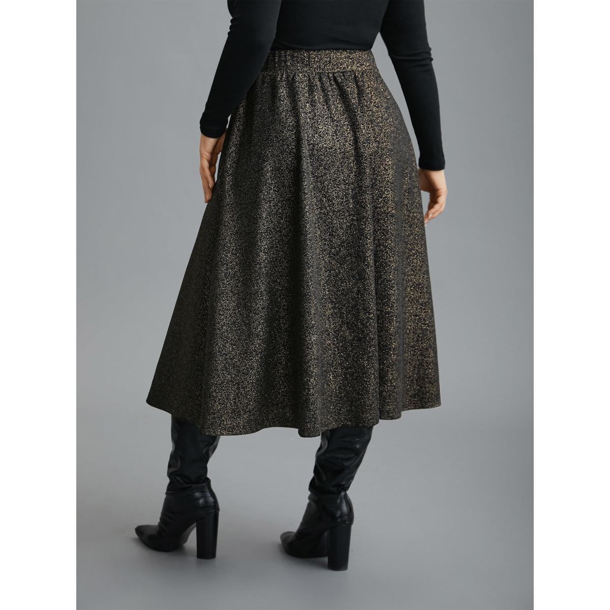Plus Size Glitter Elastic Waist Pocket Midi Skirt Women Champagne Elegant Low stretch Slanted pocket Everyday Skirts BloomChic 10/M Product Image