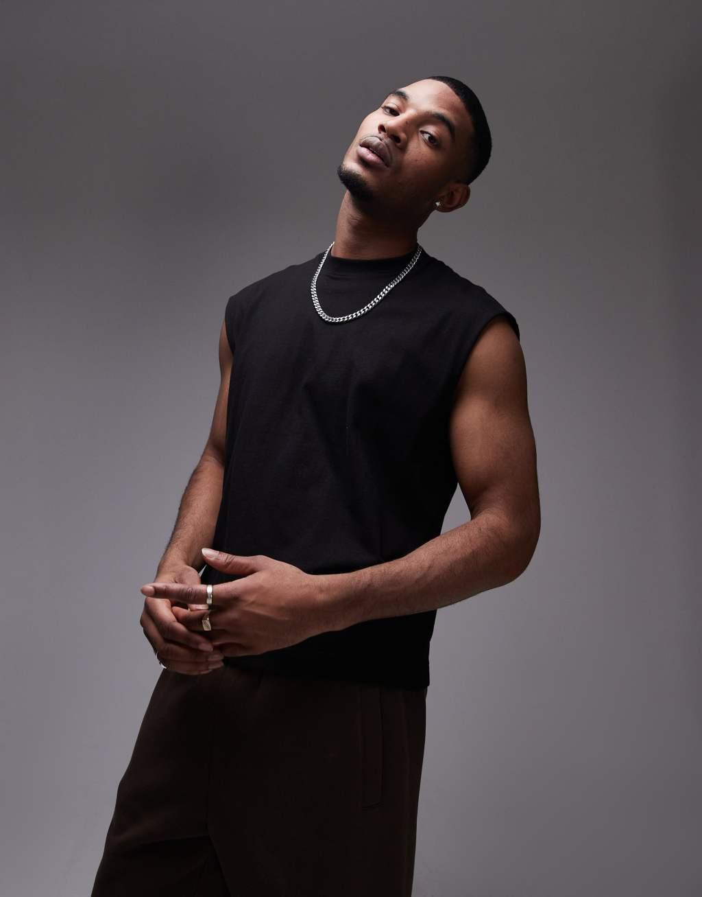 Topman oversized fit cropped sleeveless t-shirt in black Product Image