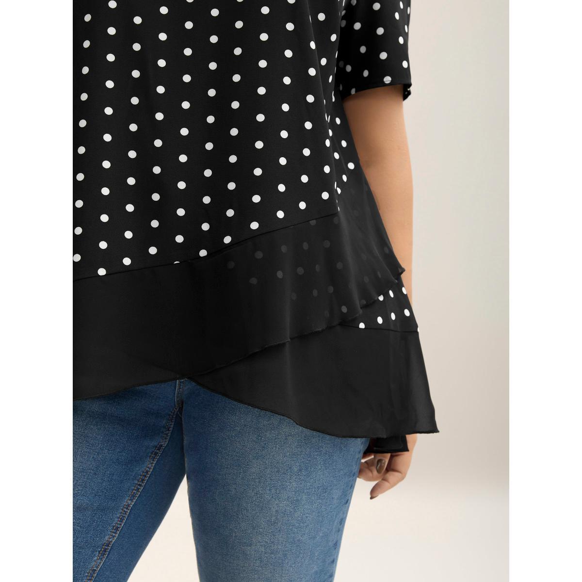 Plus Size Black Polka Dots Spliced Ruffled Hem Shirt Women Short sleeve Round Neck Everyday-Elegant Blouses BloomChic 22-24/3X Product Image