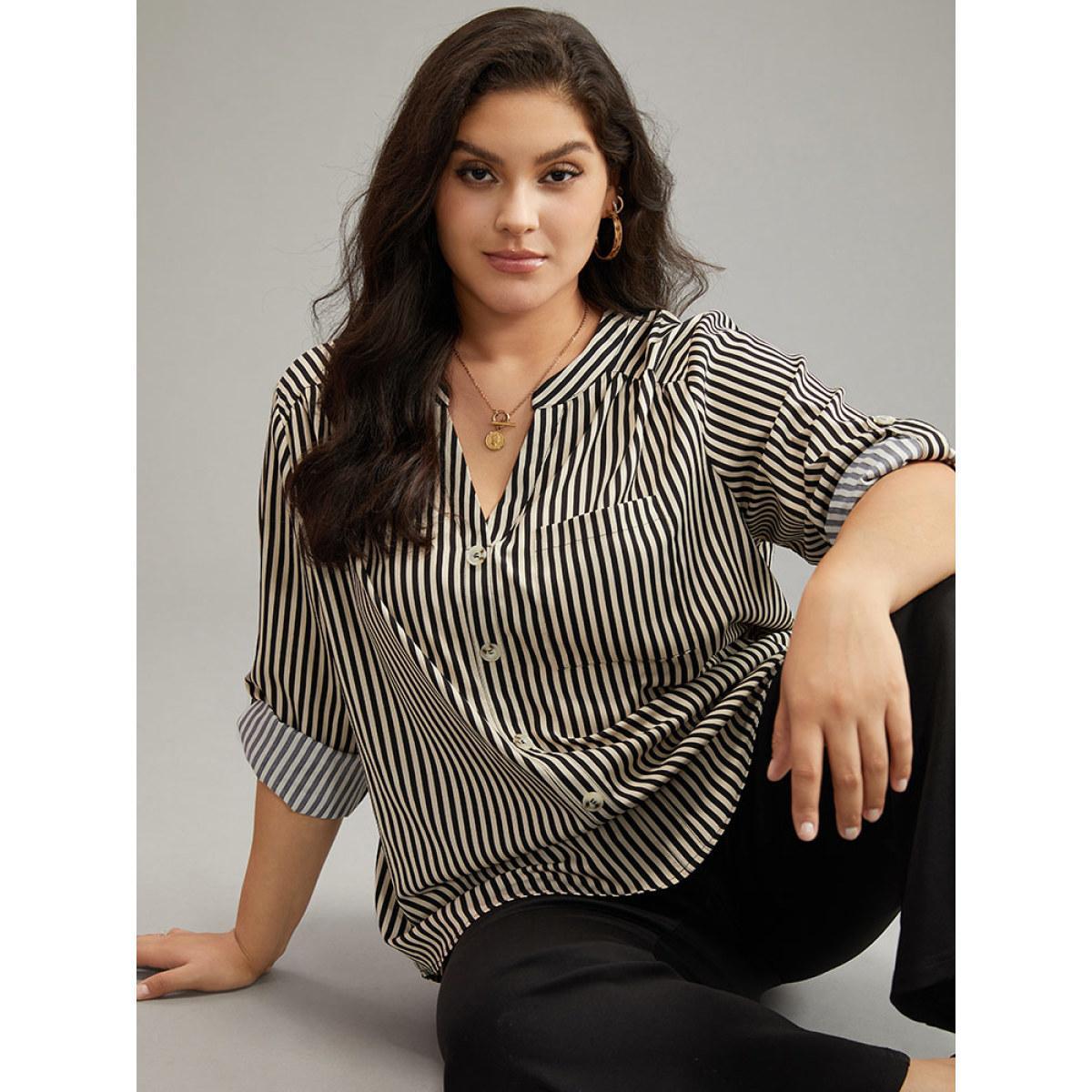 Plus Size LightBrown Striped Notched Button Through Blouse Women Office Long Sleeve Shirt collar Work Blouses BloomChic 22-24/3X Product Image