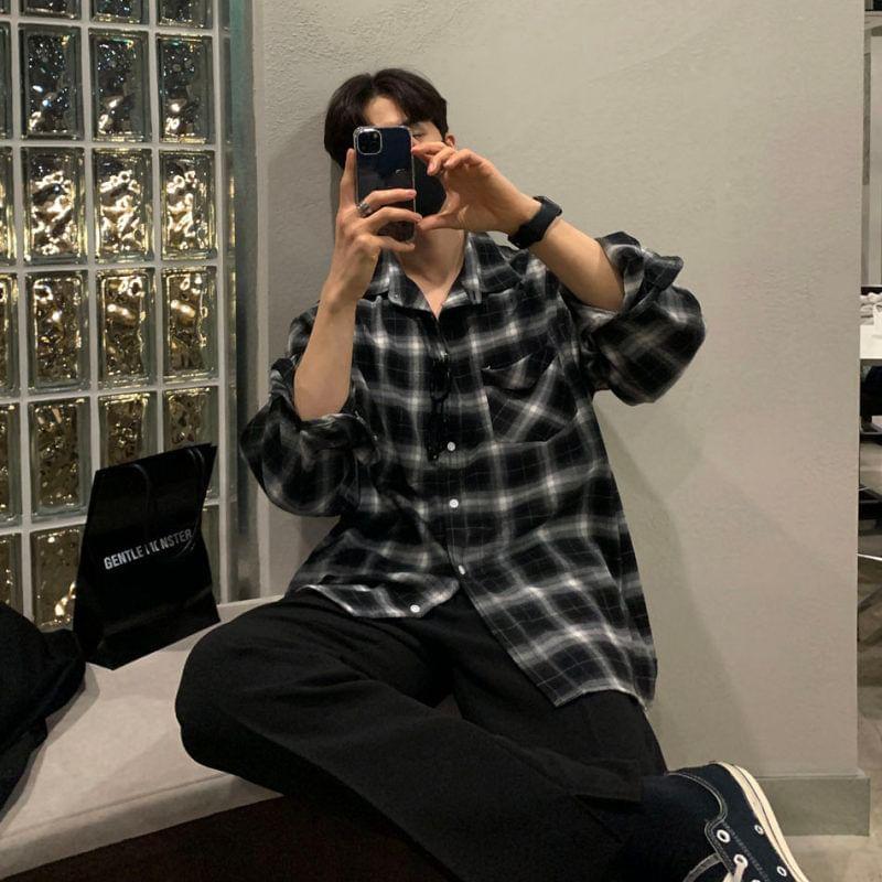 Long-Sleeve Plaid Pocket Detail Shirt Product Image