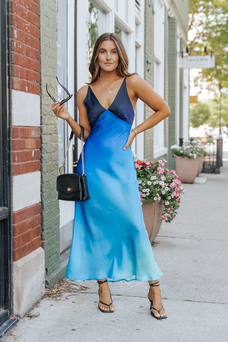 MUSE Blue Ombre V Neck Maxi Dress - FINAL SALE Product Image
