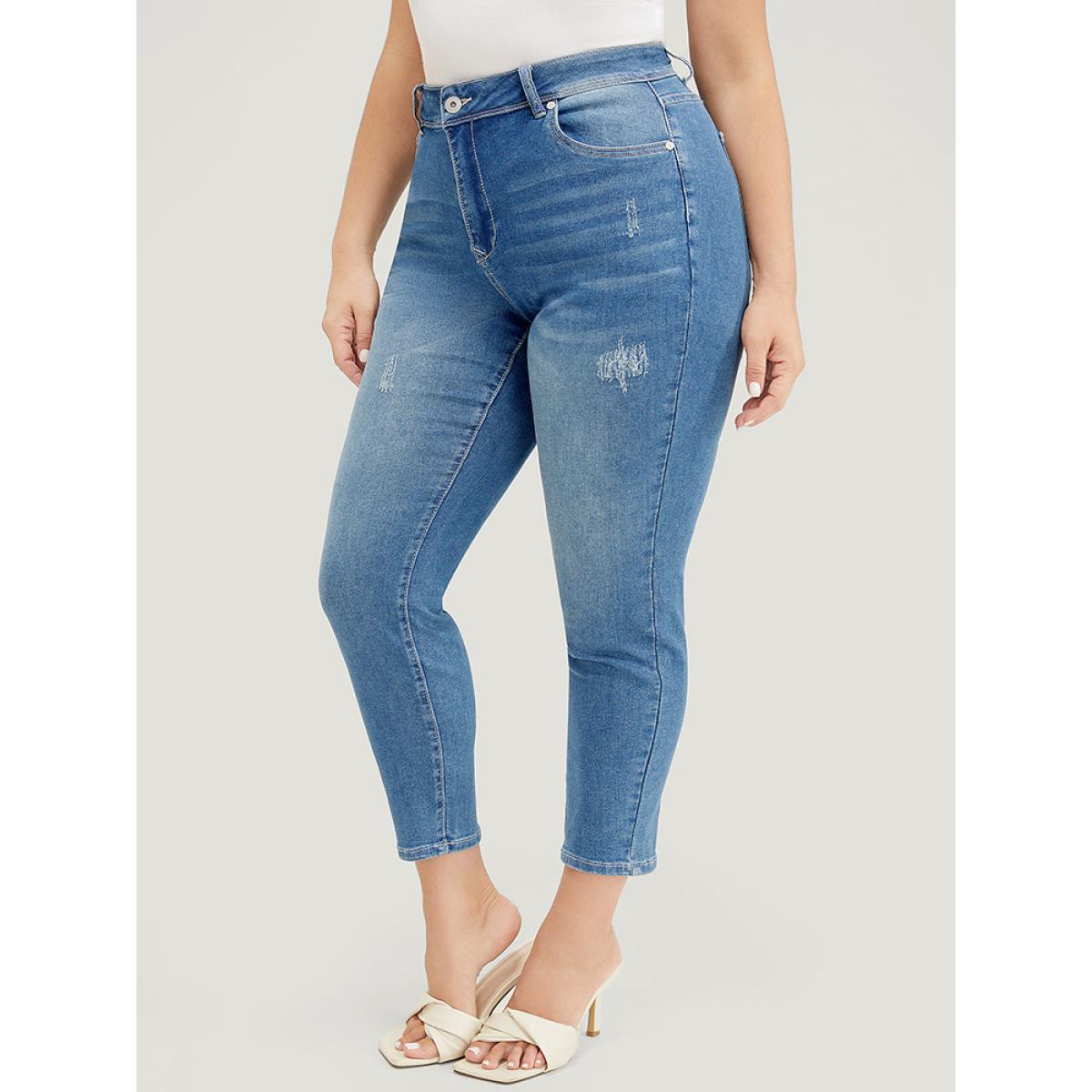 Plus Size Moderately Stretchy High Rise Dark Wash Cropped Jeans Women DarkBlue Casual Plain Medium stretch Side seam pocket Jeans BloomChic 16/1X Product Image