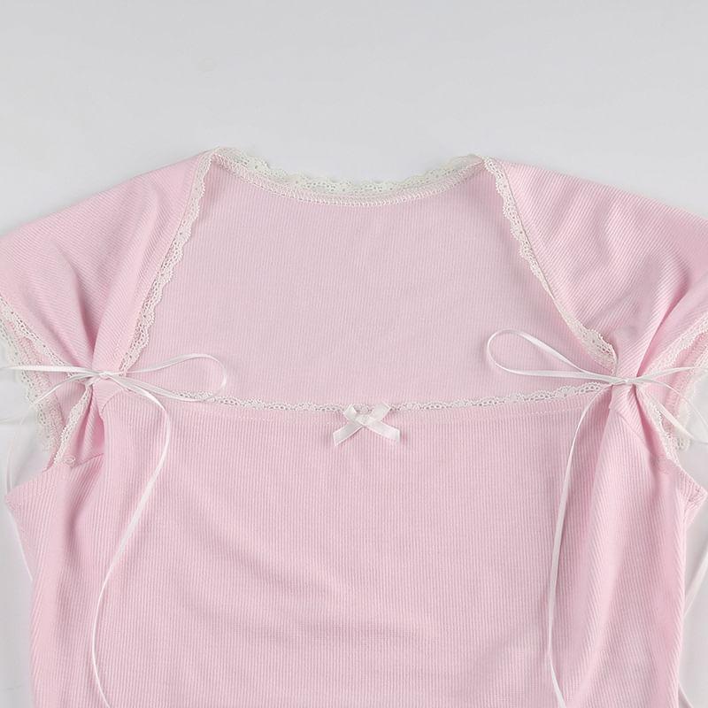 Cap-Sleeve Queen Anne Neckline Lace Trim Crop Top Product Image