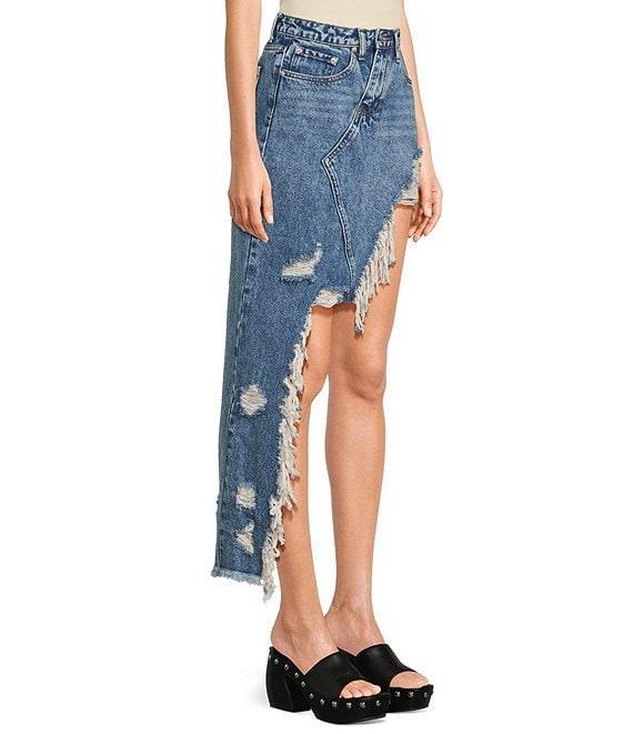 Signature 8 High-Low Fringed Distressed Denim Skirt Product Image