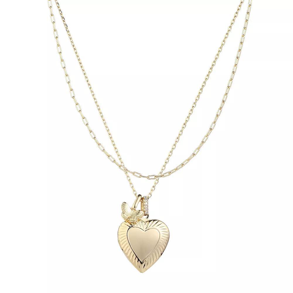 Forever Close 2-pc. 14k Gold Flash Plated Butterfly Charm & Fluted Heart Locket Necklace Set, Women's, Size: 16/18", Gold Tone Product Image