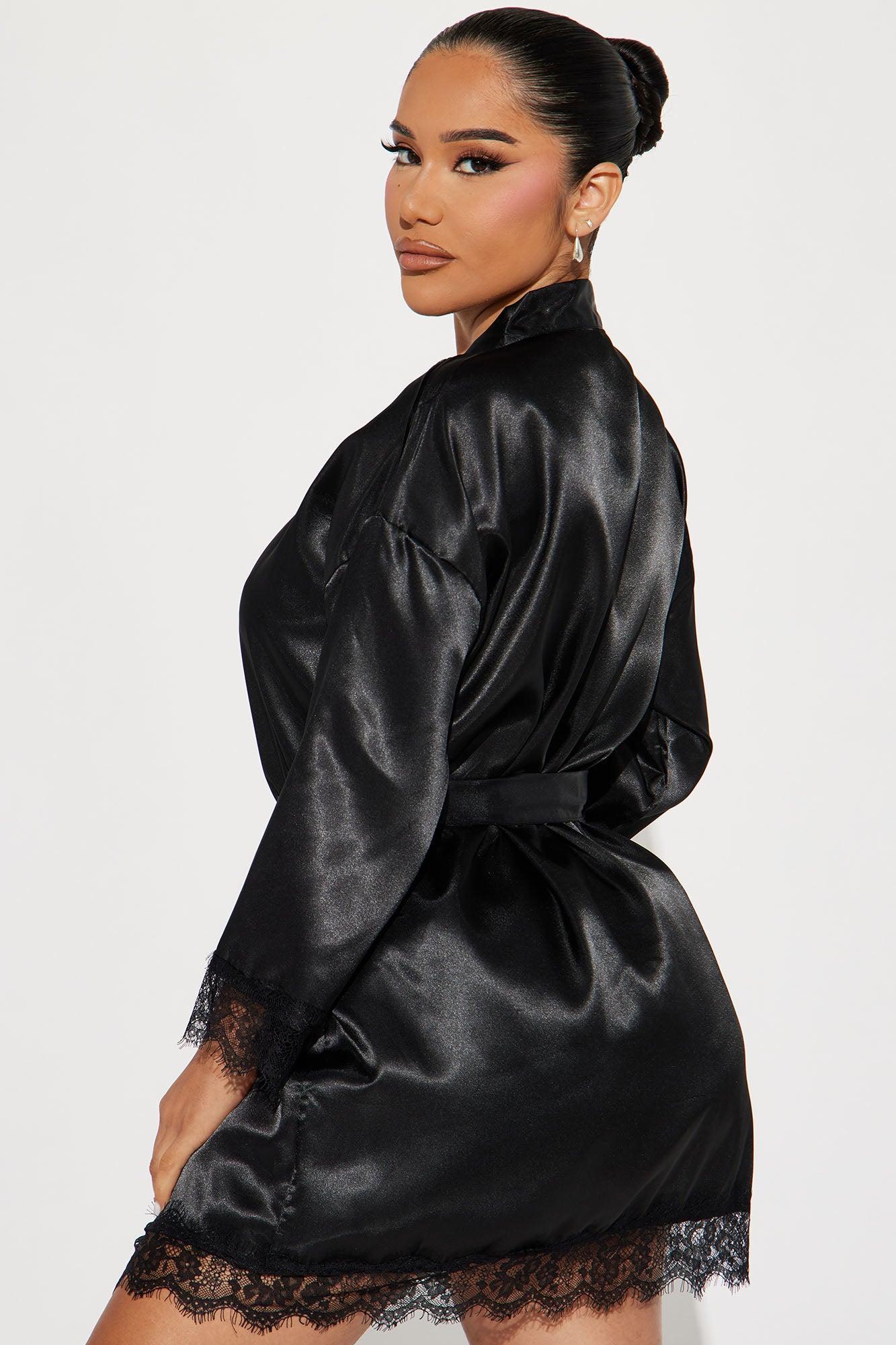 Special Lover Satin Lace PJ 2 Piece Robe Short Set - Black Product Image