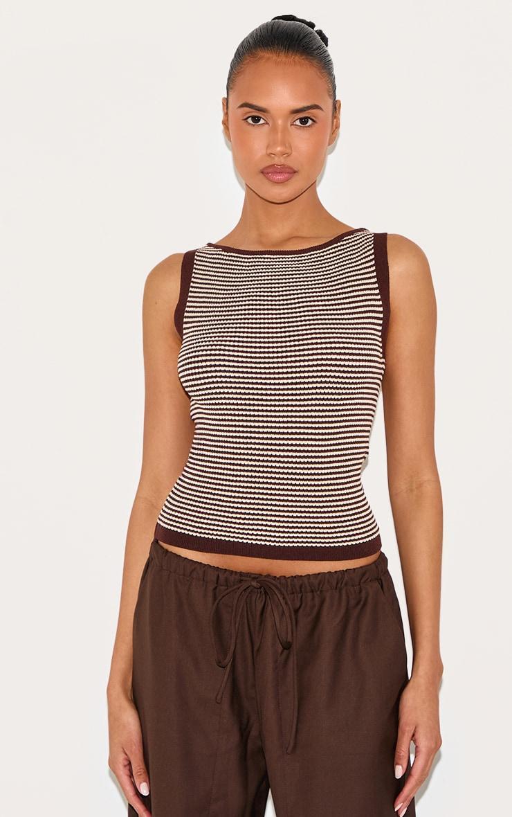 Chocolate Stripe Waffle Knit Boat Neck Top Product Image